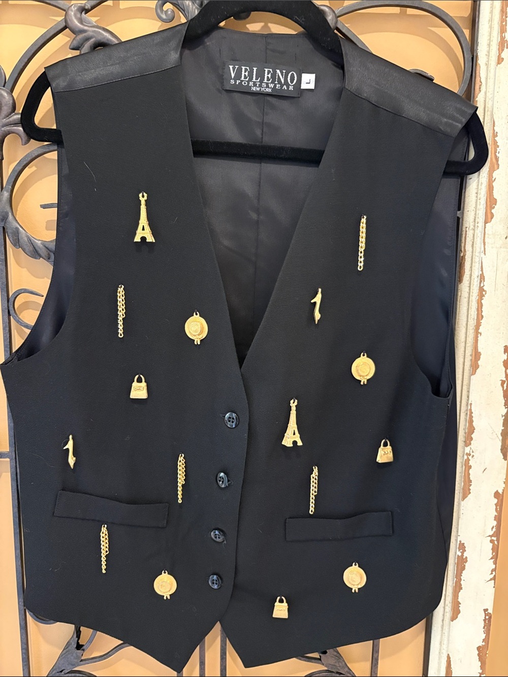 Veleno Black Embellished Women's Vest with Gold Eiffel Tower Accents